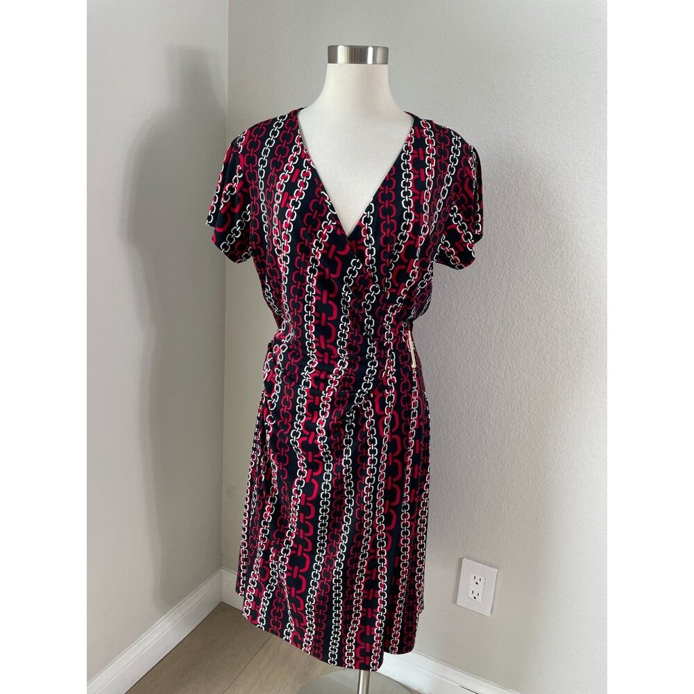 Jones New York Womens Plus 1X Chain Print Faux Wrap Dress Short Sleeve‎ Stretch